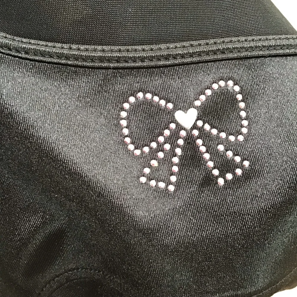 Danskin Now Black Soot Pink Bow‎ Silver Heart Bling Dance Costume Leotard 14/16